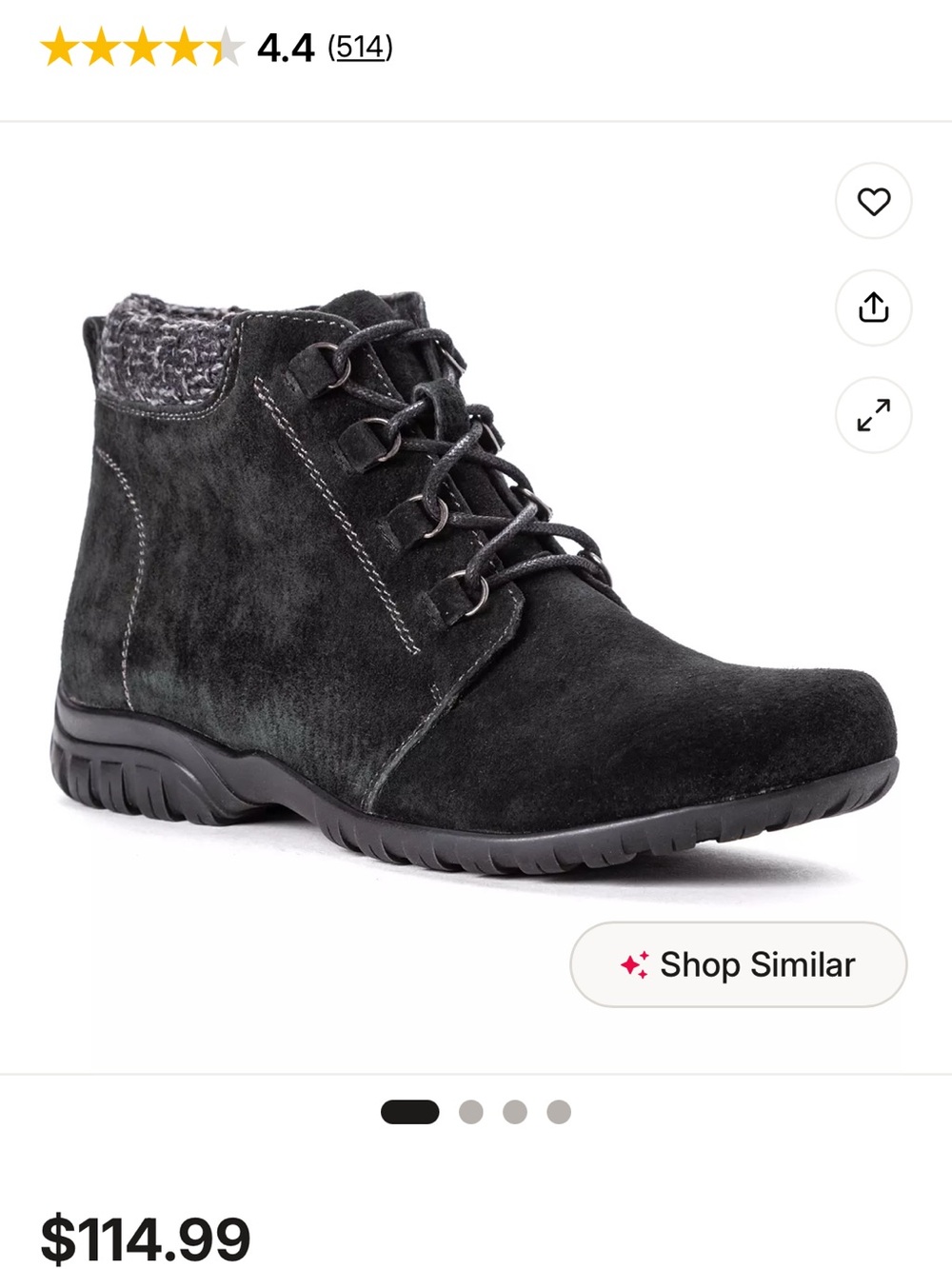 Propet Black Suede Lace-Up Ankle Boots with Side Zipper and Knit Collar